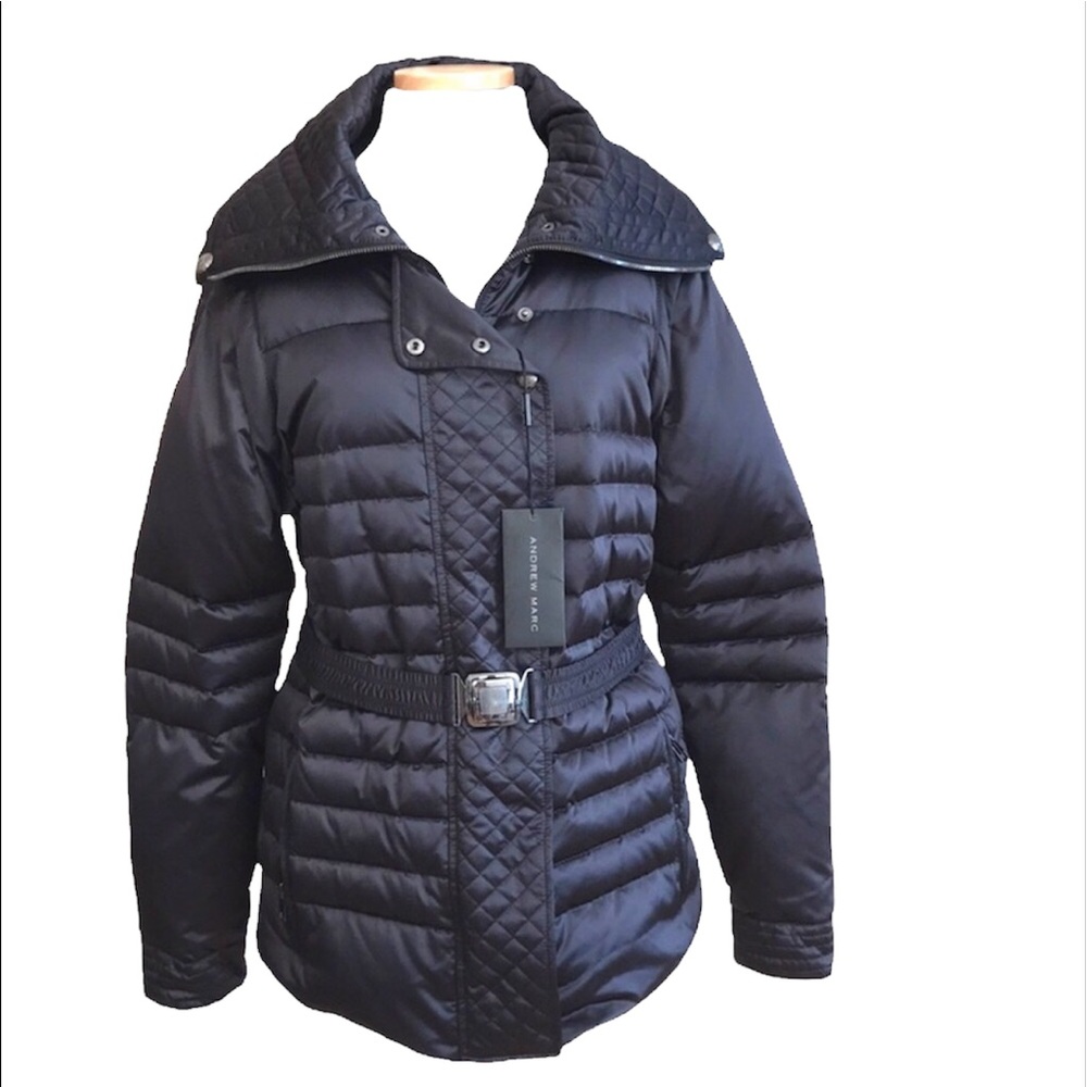 Andrew Marc Quilted Down Belted Satin Puffer Coat Jacket Black Size XL NWT - Picture 1 of 17
